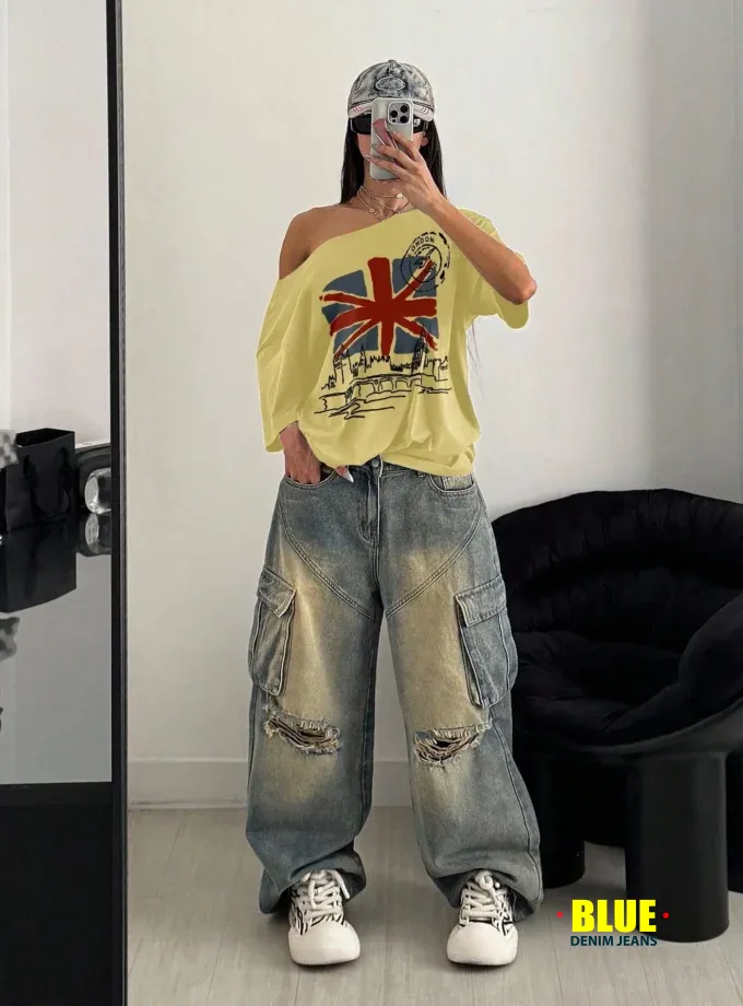 Women's Oversized Off-Shoulder Yellow London Flag Tee