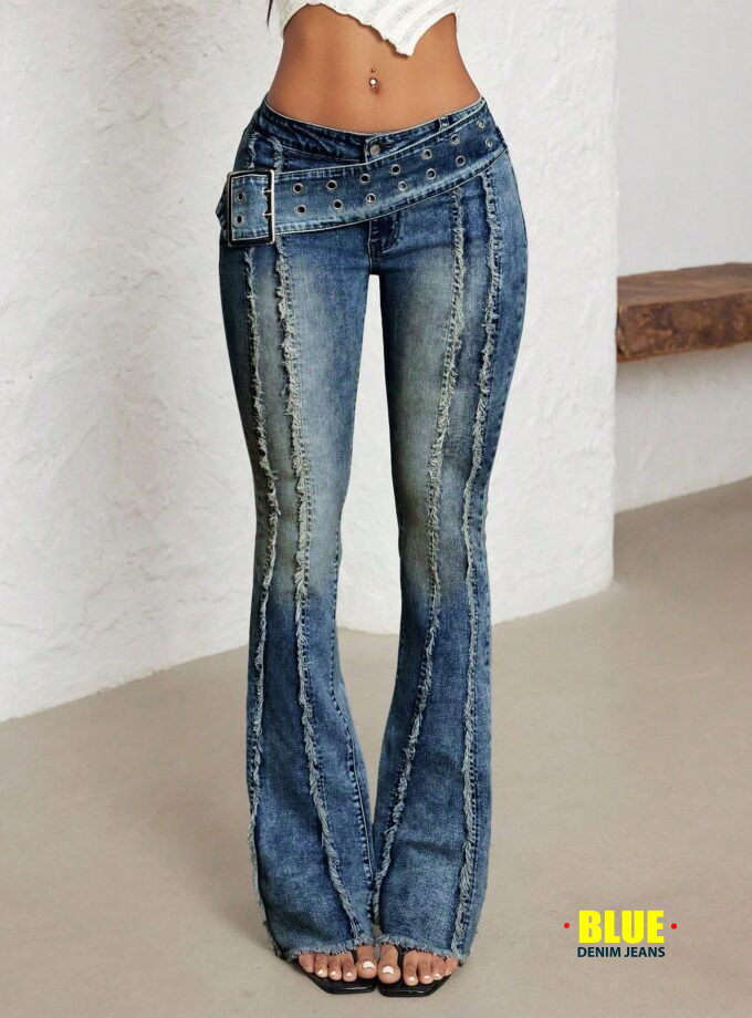 Jeanoix Women's Black Flare Jeans with Sun Buckle & Eyelets