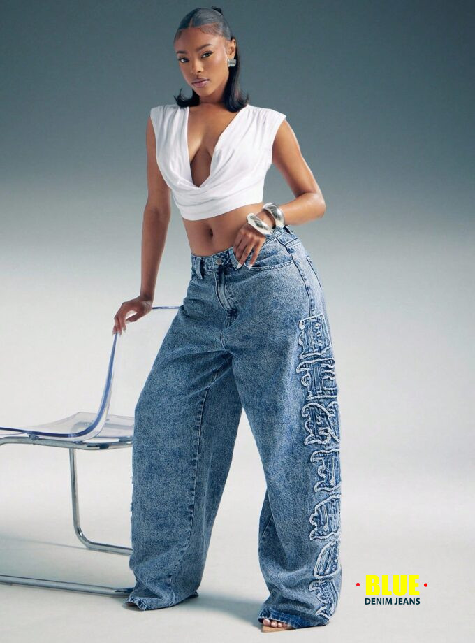 Denimoi Verbiage Frayed Patches Baggy Fit Denim Jeans