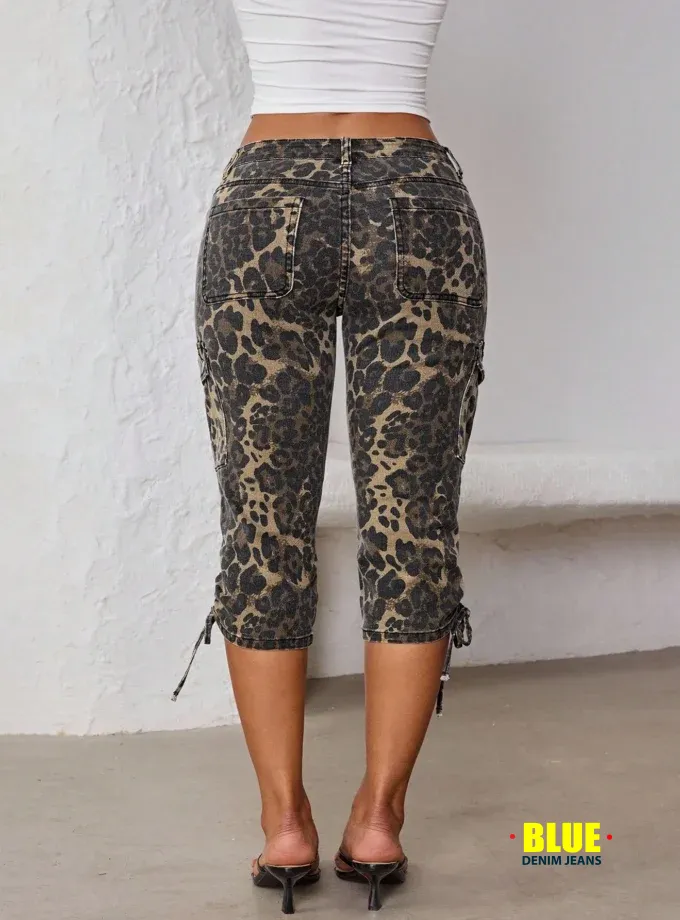 Jeanoix Plus Size Leopard Print Slim Cargo Jeans