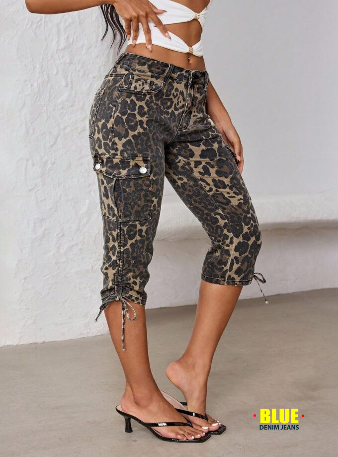 Jeanoix Plus Size Leopard Print Slim Cargo Jeans