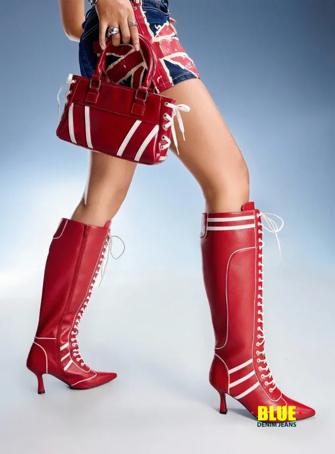 CUCCOO Women's Colorblock Kitten Heel Over-The-Knee Lace-Up Boots