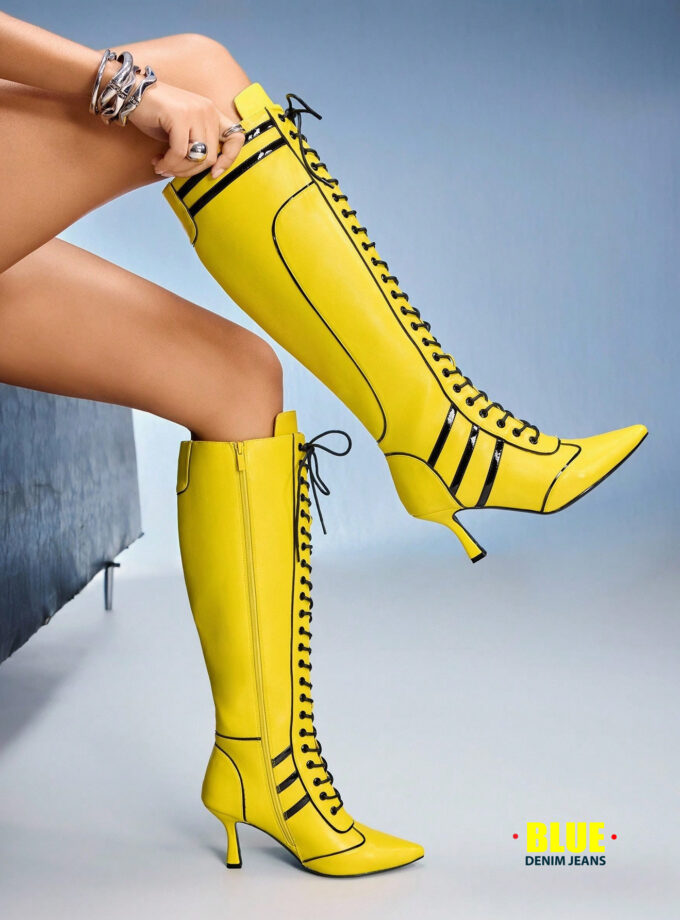 CUCCOO Women's Colorblock Kitten Heel Over-The-Knee Lace-Up Boots