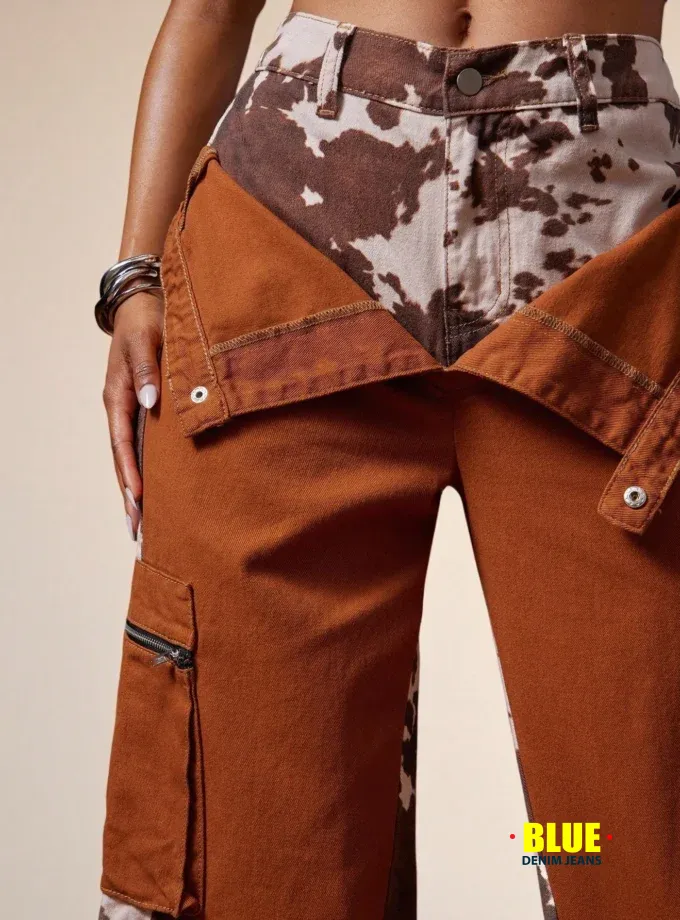 Denimoi Fall Leopard Print Baggy Cargo Fold Over Jeans