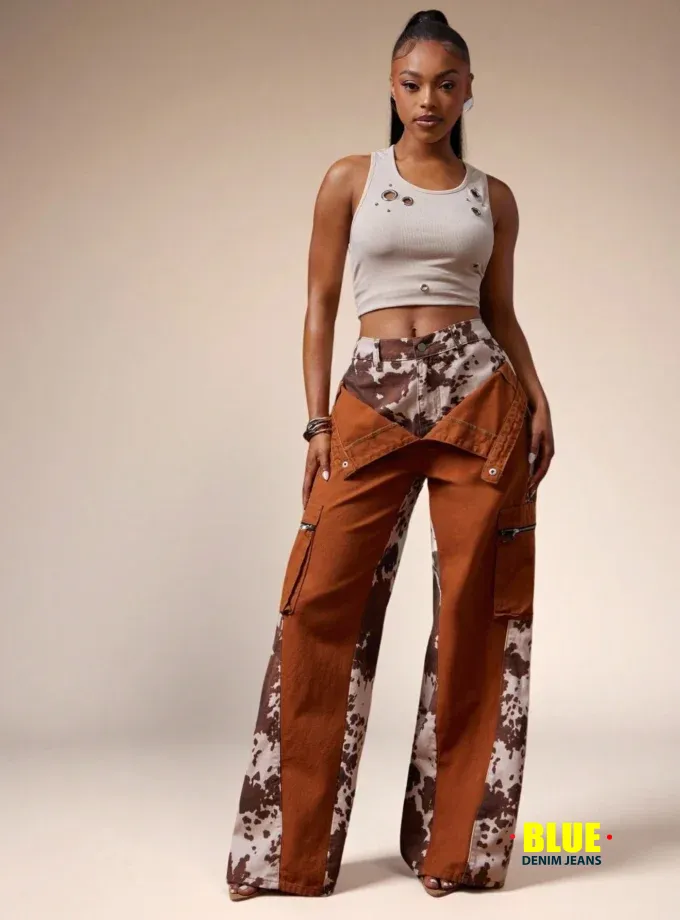 Denimoi Fall Leopard Print Baggy Cargo Fold Over Jeans