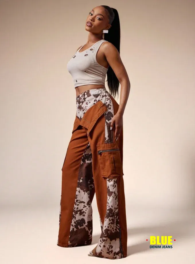 Denimoi Fall Leopard Print Baggy Cargo Fold Over Jeans