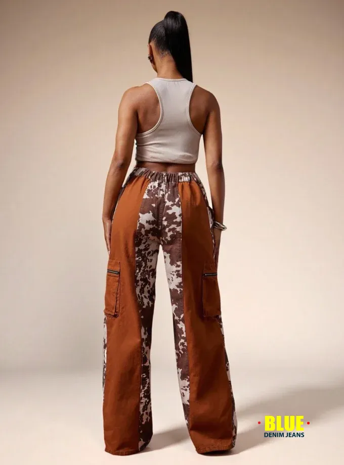 Denimoi Fall Leopard Print Baggy Cargo Fold Over Jeans