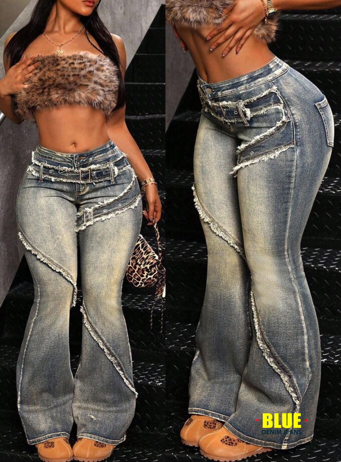 Jeanoix Plus Size Flare Leg Jeans with Frayed Hem