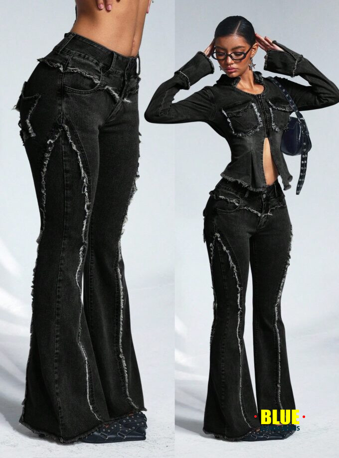 Jeanoix Women's Flare Jeans with Pockets and Frayed Hem