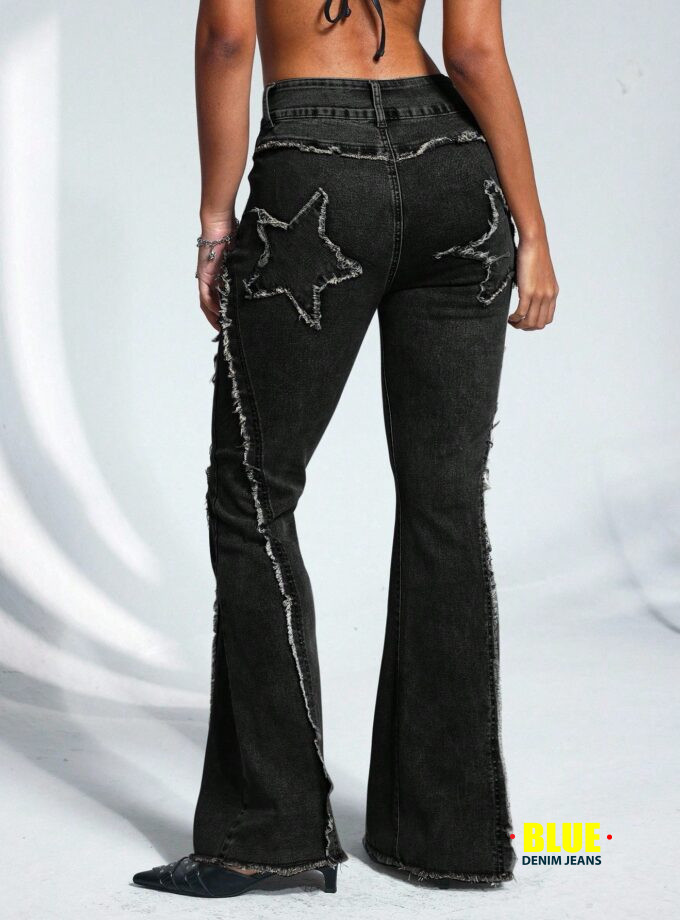 Jeanoix Women's Flare Jeans with Pockets and Frayed Hem