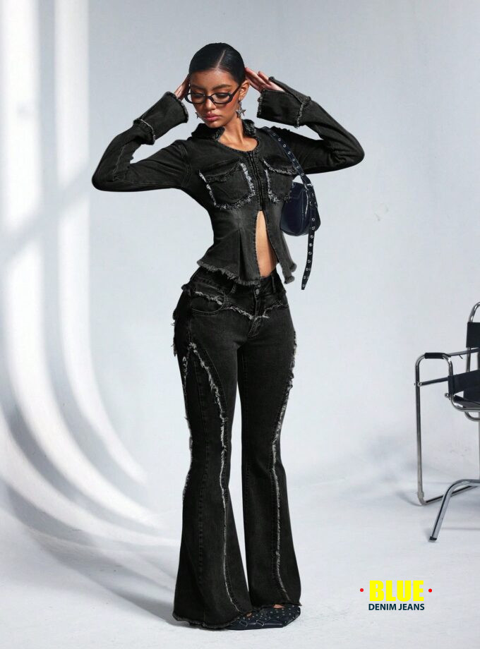 Jeanoix Women's Flare Jeans with Pockets and Frayed Hem