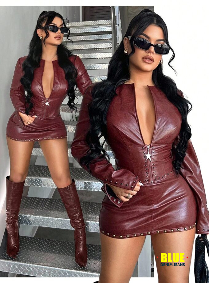 SHEIN SXY Plus Size Wine Red Leather Jacket for Women