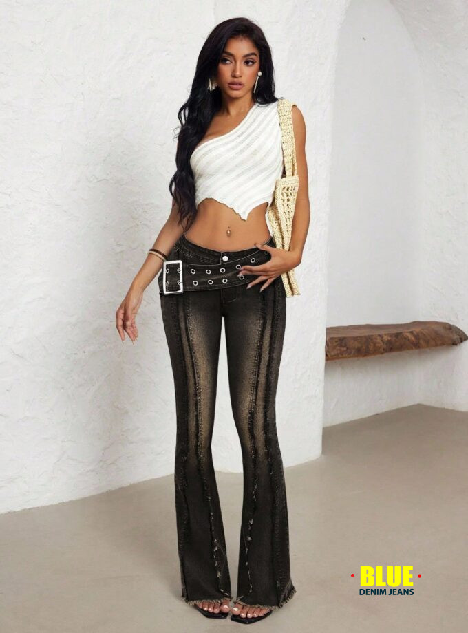 Jeanoix Women's Black Flare Jeans with Sun Buckle & Eyelets