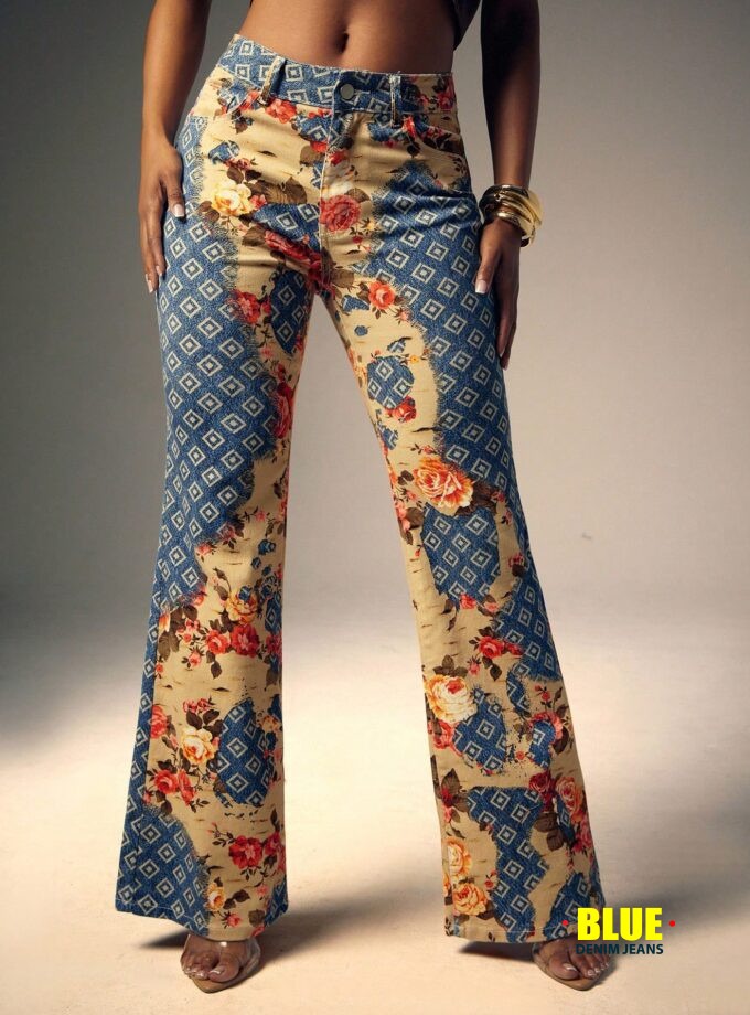 Denimoi Boot Cut Floral Mixed Print Denim Jeans