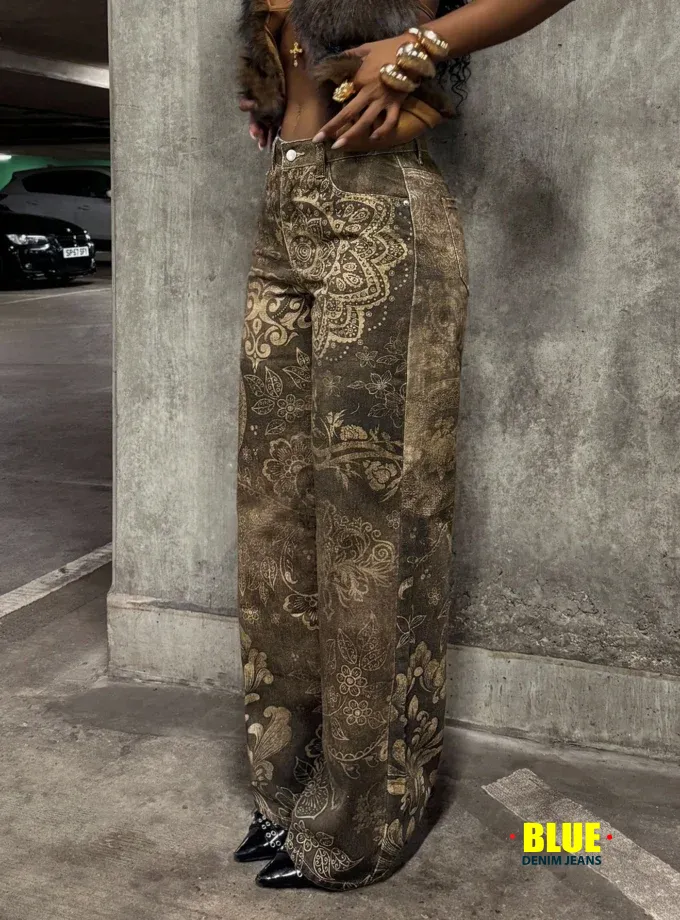 StreetHx Women's Floral Low-Waist Straight Jeans