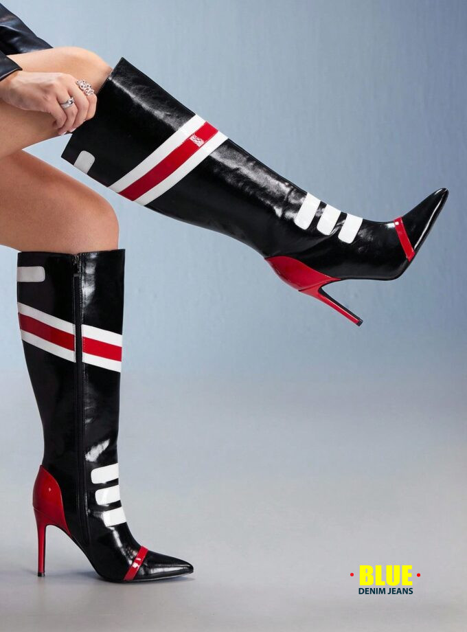 CUCCOO Women's Black & White Lace-Up Knee-High Boots