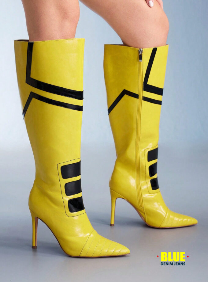 CUCCOO Women's Colorblock Kitten Heel Over-The-Knee Lace-Up Boots