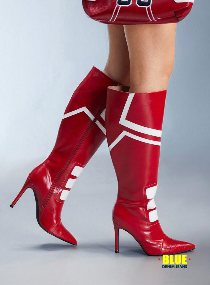 CUCCOO Women's Colorblock Kitten Heel Over-The-Knee Lace-Up Boots