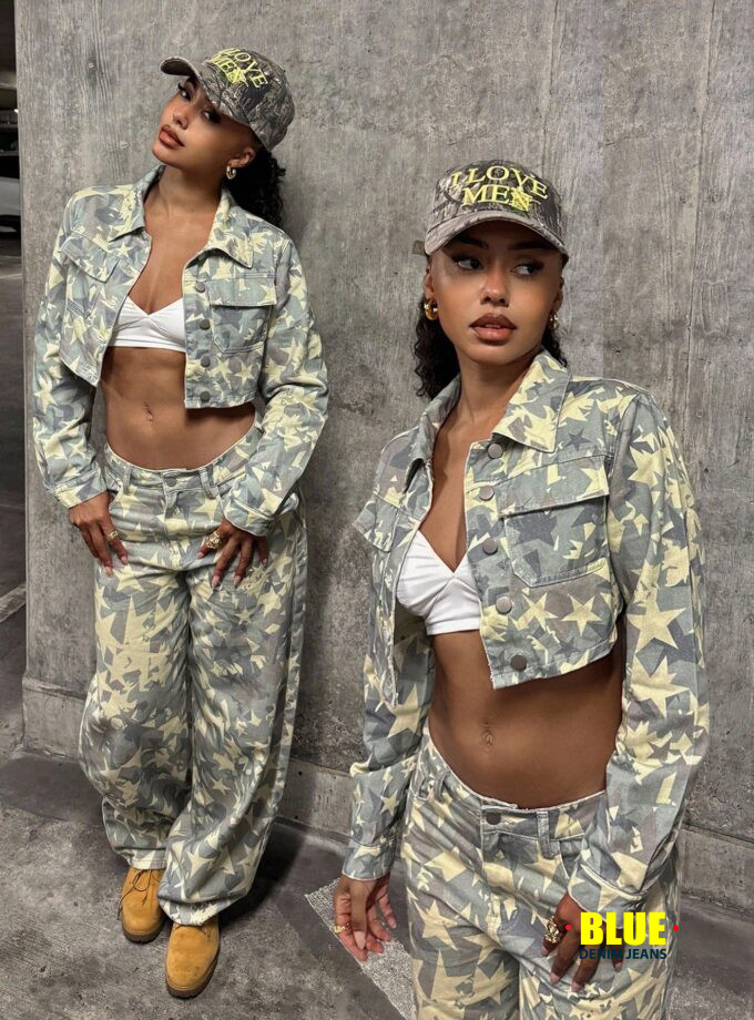StreetHx Star Camo Cropped Denim Jacket for Bold Style