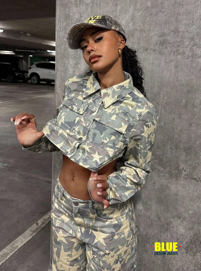 StreetHx Star Camo Cropped Denim Jacket for Bold Style