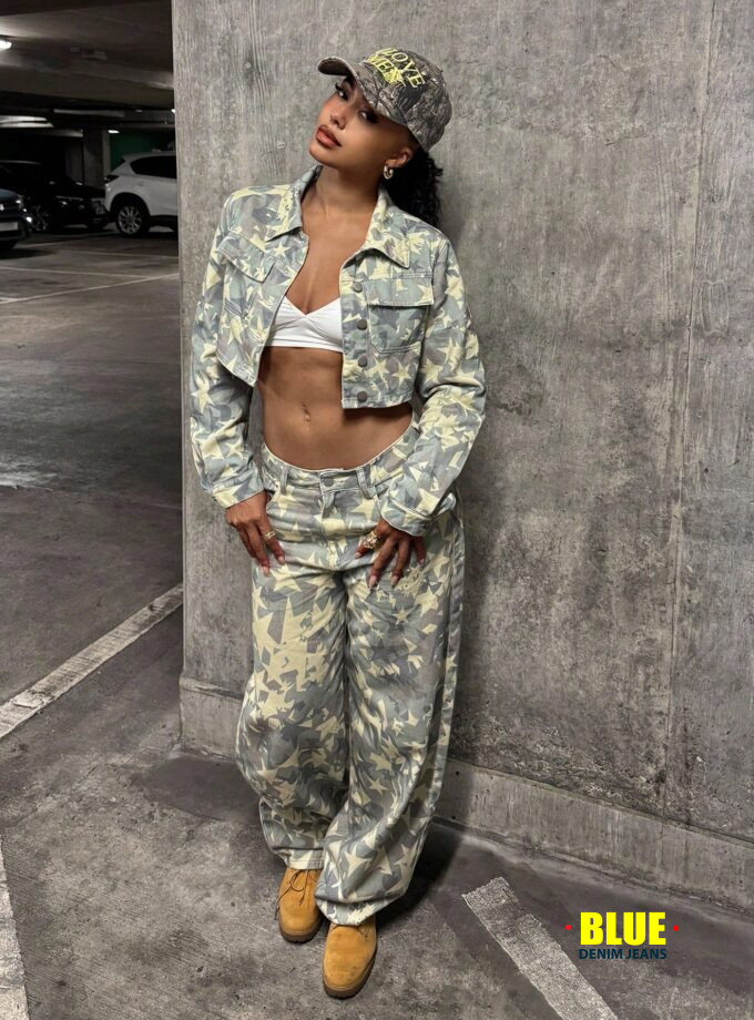 StreetHx Star Camo Cropped Denim Jacket for Bold Style