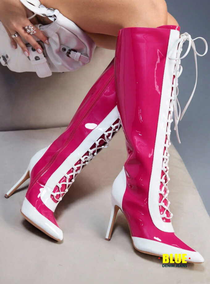 CUCCOO Women's Colorblock Kitten Heel Over-The-Knee Lace-Up Boots