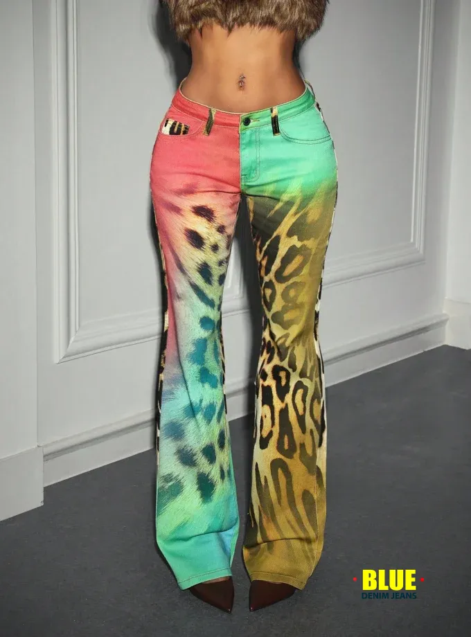 Jeanoix Women's Leopard Print Flare Jeans - Low Waist Ombre Style