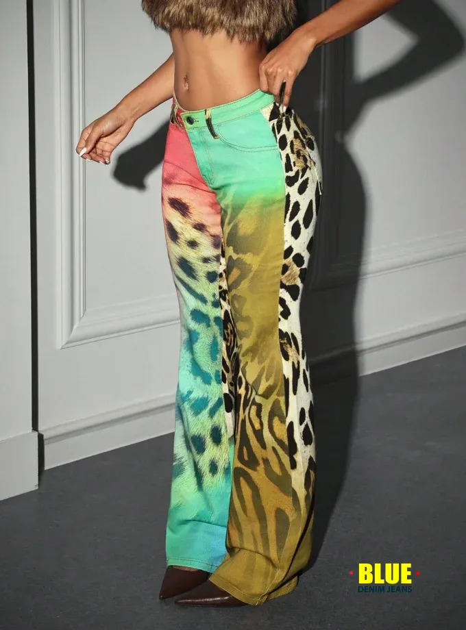 Jeanoix Women's Leopard Print Flare Jeans - Low Waist Ombre Style