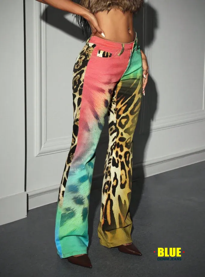 Jeanoix Women's Leopard Print Flare Jeans - Low Waist Ombre Style