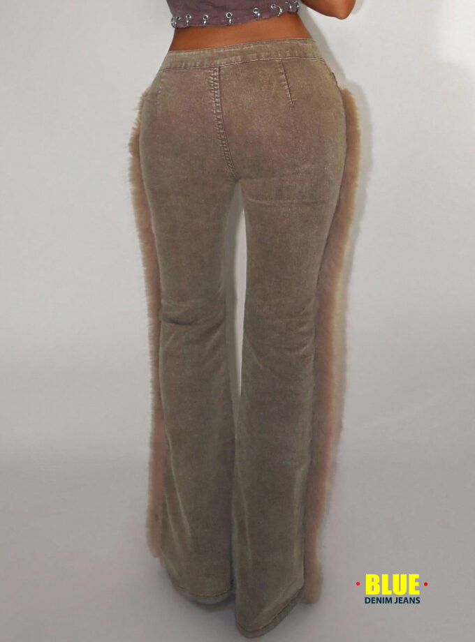 Jeanoix Women's Fuzzy Patchwork Denim Jeans with Pockets