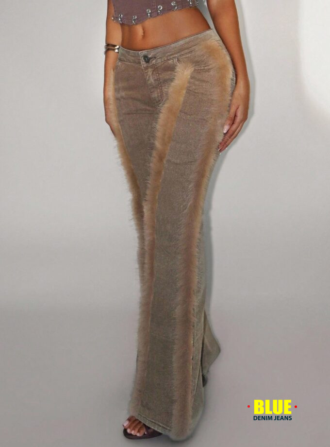 Jeanoix Women's Fuzzy Patchwork Denim Jeans with Pockets