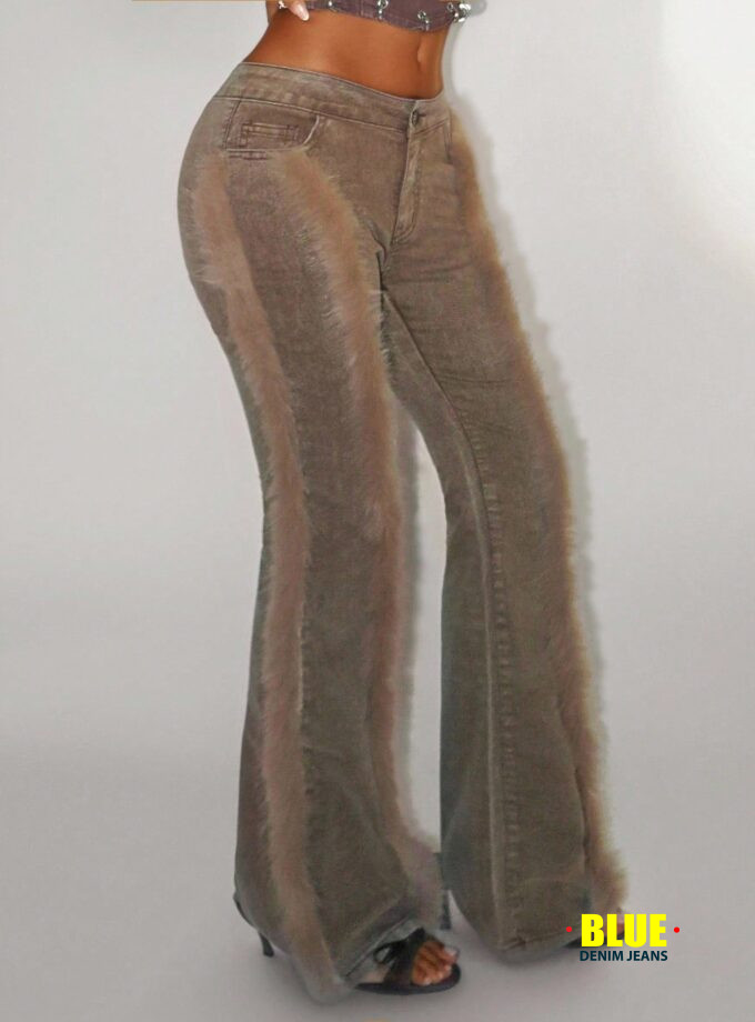 Jeanoix Women's Fuzzy Patchwork Denim Jeans with Pockets