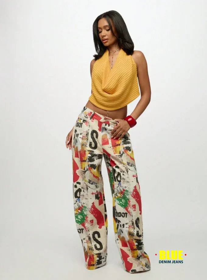 SUMWON Plus Size Graffiti Print Wide Leg Jeans for Women