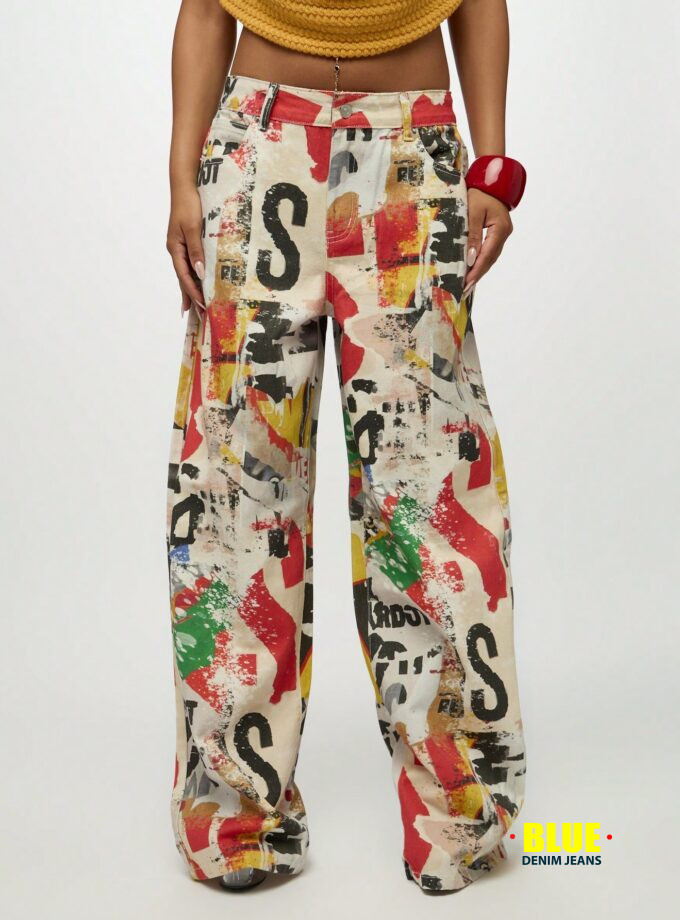 SUMWON Plus Size Graffiti Print Wide Leg Jeans for Women