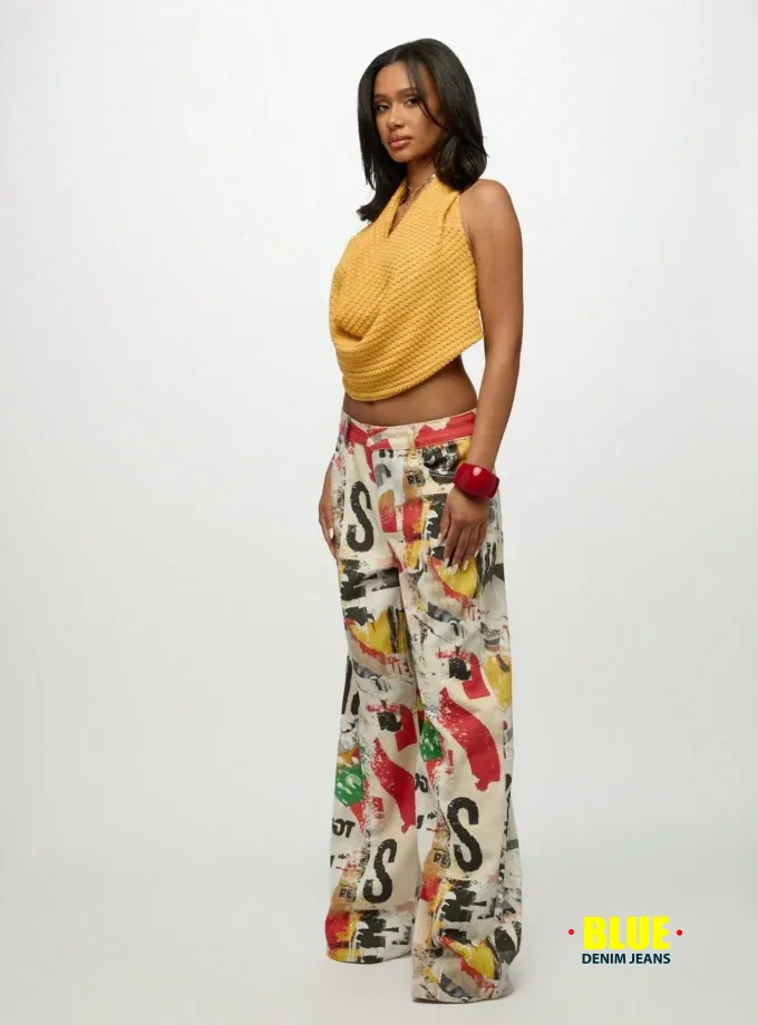 SUMWON Plus Size Graffiti Print Wide Leg Jeans for Women