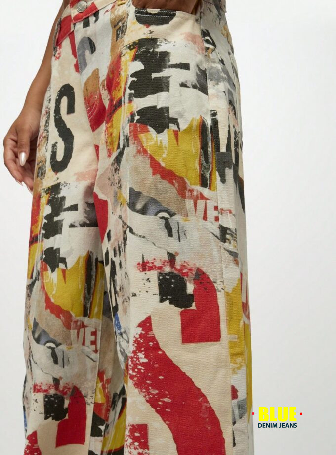SUMWON Plus Size Graffiti Print Wide Leg Jeans for Women