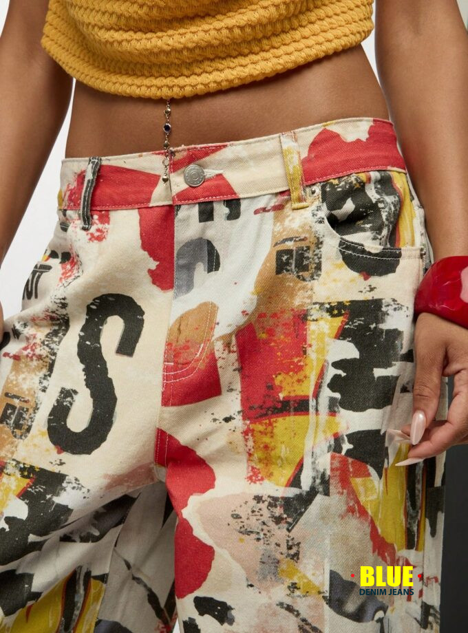 SUMWON Plus Size Graffiti Print Wide Leg Jeans for Women