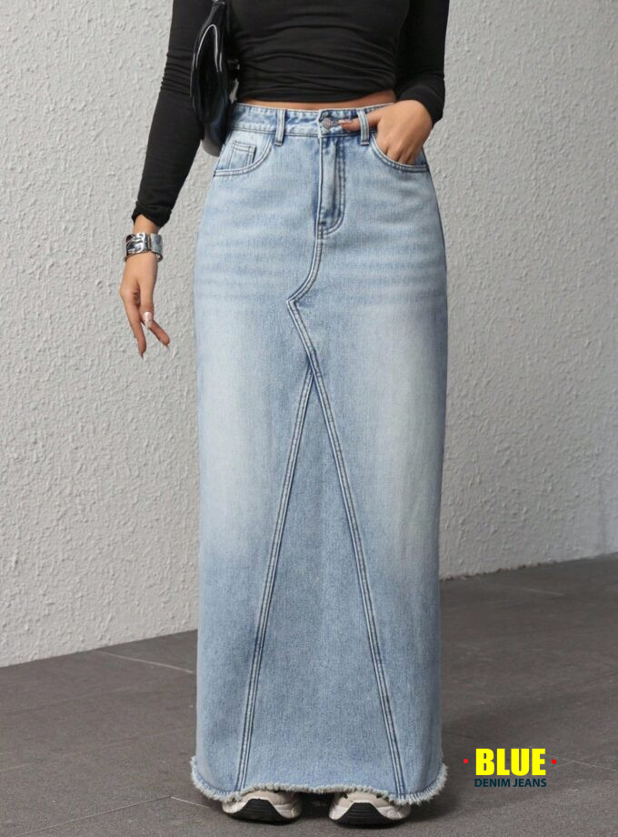 Jeanoix Fringed Washed Denim Maxi Skirt