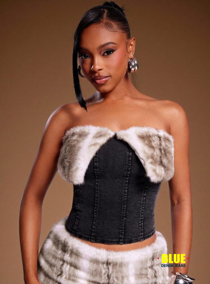 Denimoi Faux Fur Trim Strapless Denim Tube Top, Fall & Winter Tops, Faux Fur Tops, Denim Tops