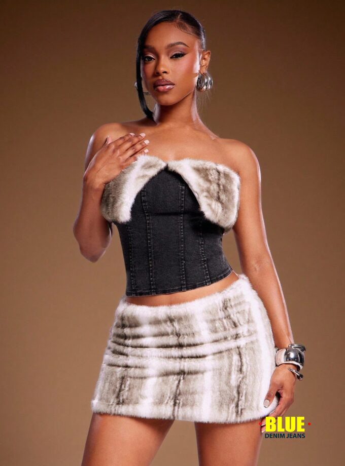 Denimoi Faux Fur Trim Strapless Denim Tube Top, Fall & Winter Tops, Faux Fur Tops, Denim Tops