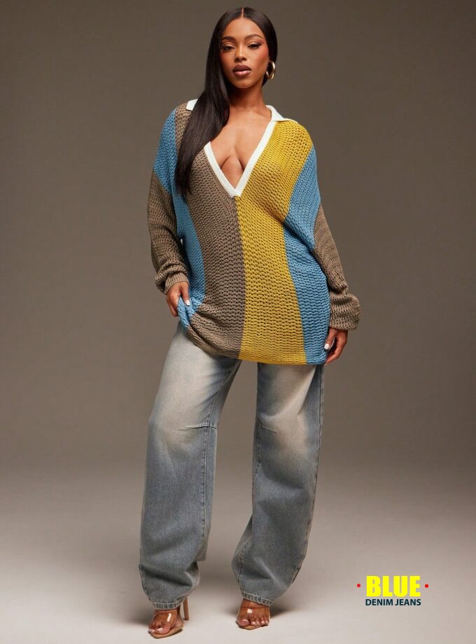 Denimoi Oversized Stripe Knit Top Long Sleeve Streetwear