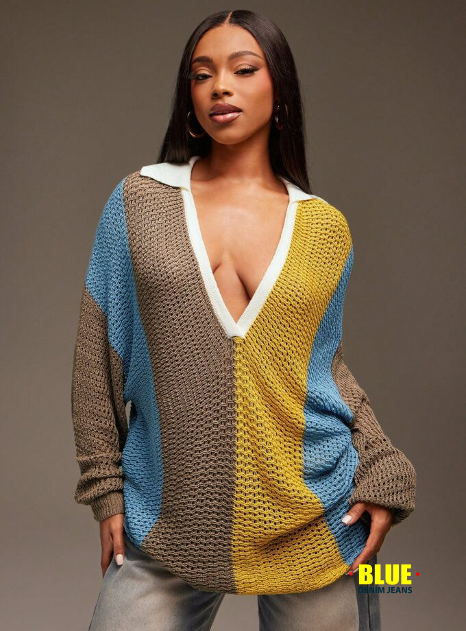 Denimoi Oversized Stripe Knit Top Long Sleeve Streetwear