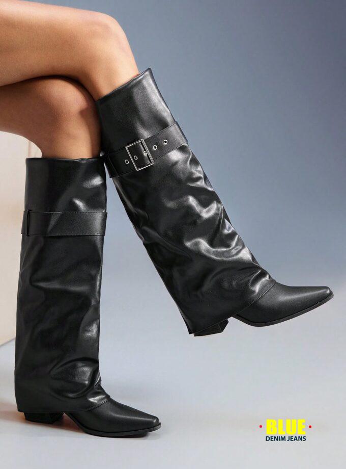 CUCCOO GRLICON Women's Buckle Decor Square Toe Chunky Heel Over-The-Knee Boots