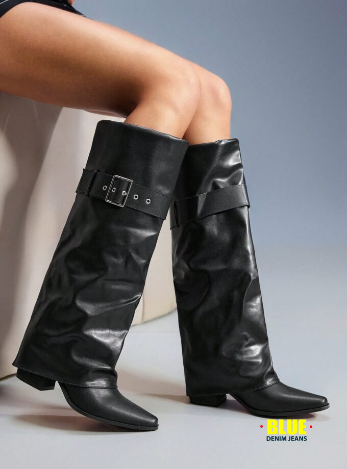 CUCCOO GRLICON Women's Buckle Decor Square Toe Chunky Heel Over-The-Knee Boots