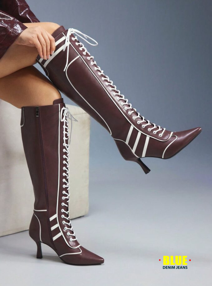 CUCCOO Women's Colorblock Kitten Heel Over-The-Knee Lace-Up Boots