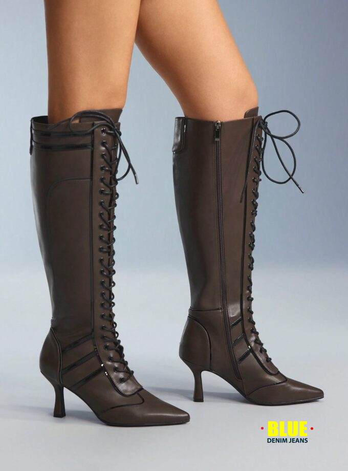 CUCCOO Women's Colorblock Kitten Heel Over-The-Knee Lace-Up Boots