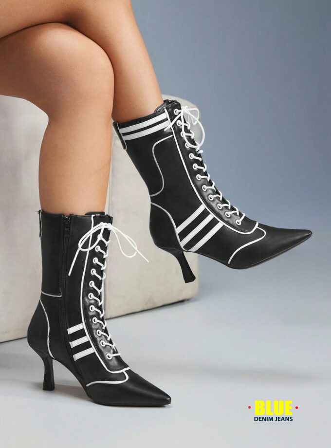 CUCCOO Women's Colorblock Kitten Heel Over-The-Knee Lace-Up Boots