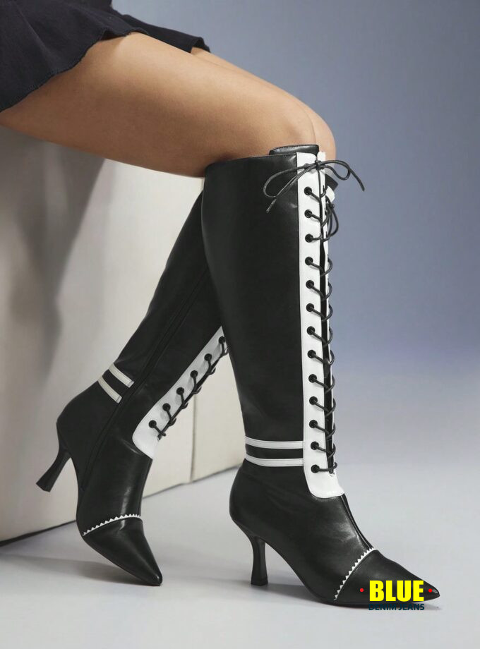 CUCCOO Women's Colorblock Kitten Heel Over-The-Knee Lace-Up Boots