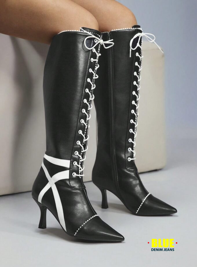 CUCCOO Women's Black & White Lace-Up Knee-High Boots