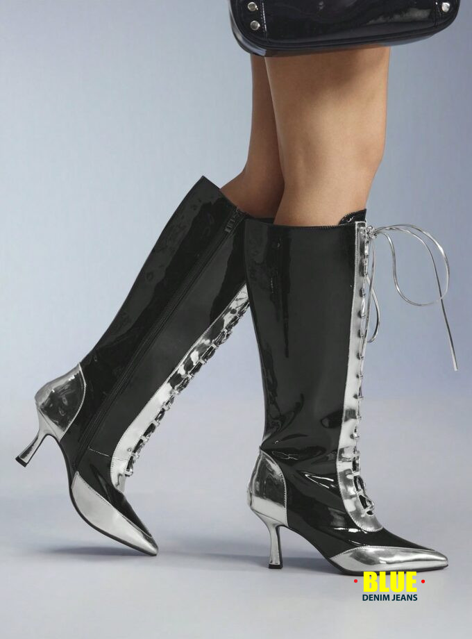 CUCCOO Women's Black & White Lace-Up Knee-High Boots